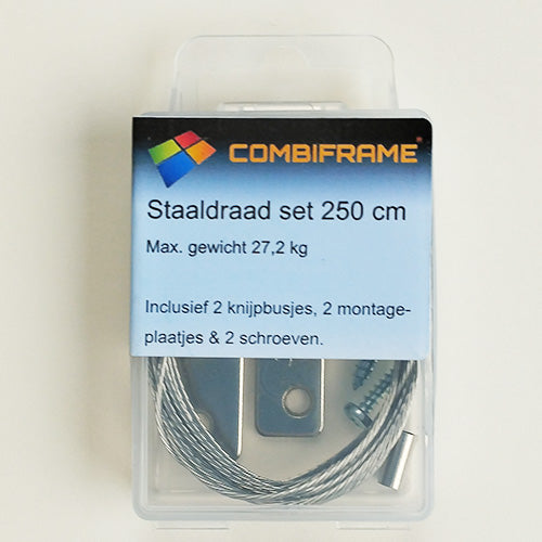 Groot ophangsetje - (bak)lijst of doek ophangen met staalkabel (250 cm)