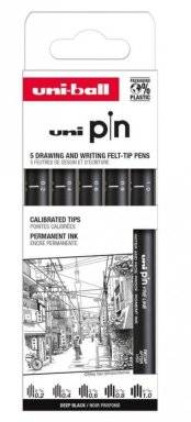 Set met 5 fineliners 0,2 / 0,4 / 0,6 / 0,8 / 1,0 PIN ZWART UNI-ball