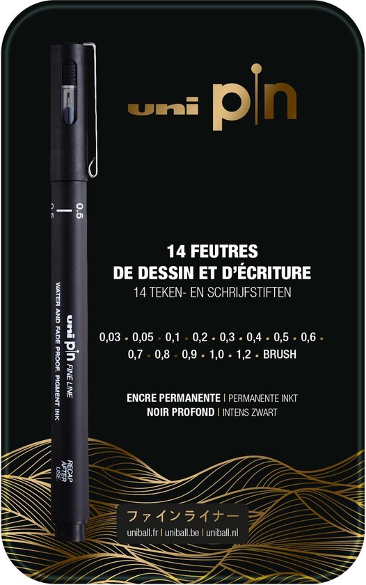 14 Fineliners in mooi blik PIN UNI-ball