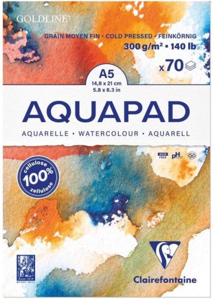 Aquapad 300 gr. 14,8 x 21 cm Blok A5 (70 vellen) Aquarelpapier Clairefontaine